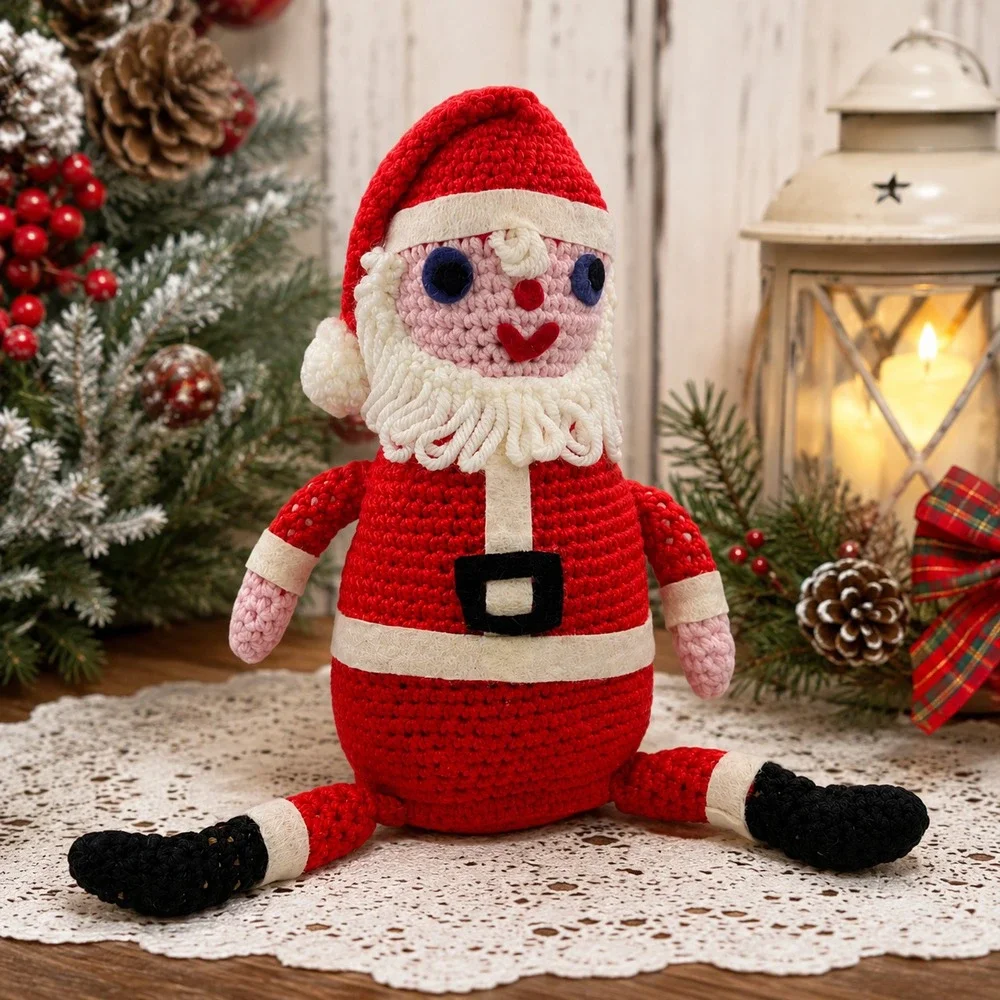 VTG 1960s 70s Handmade Crochet Santa Claus Doll Folk Art Christmas Decor 14 in